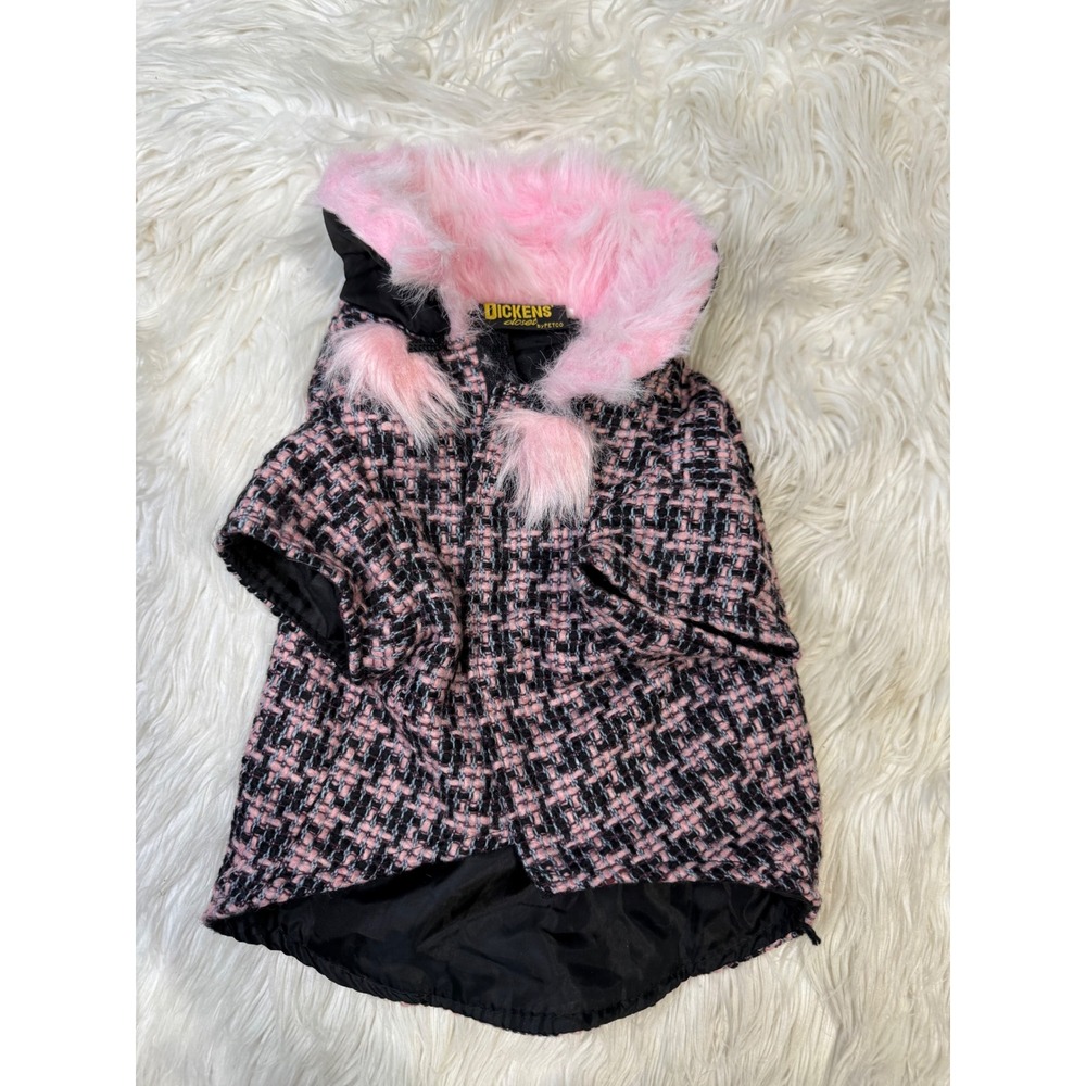 Dickens Closet Petco Dog Coat Pink Black Tweed Faux Fur Hood Pom Poms Pet Jacket